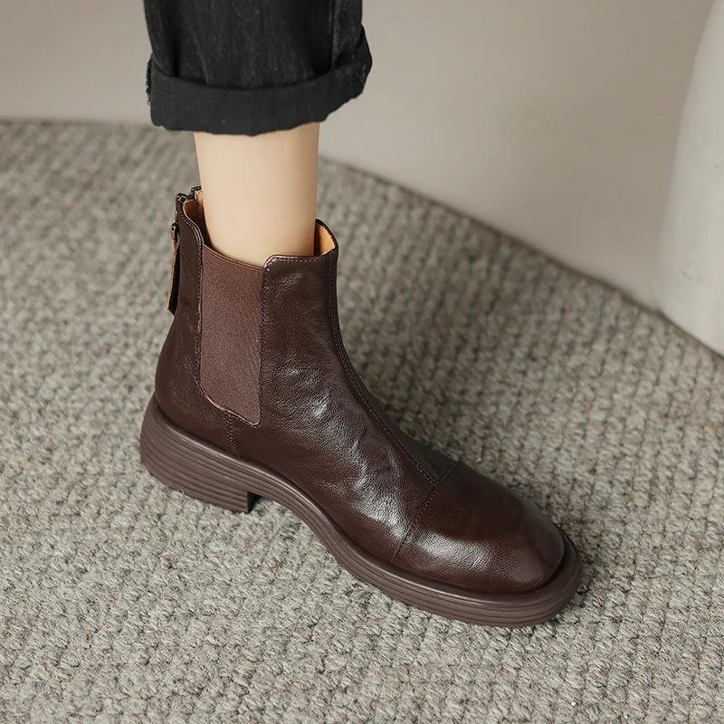 4cm羊皮百搭圆头厚底英伦风瘦瘦靴秋冬保暖短靴切尔西靴子马丁靴