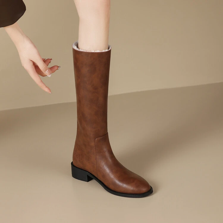 3.5cm牛皮不过膝长筒靴女2023新款时尚百搭毛毛靴真皮骑士靴长靴
