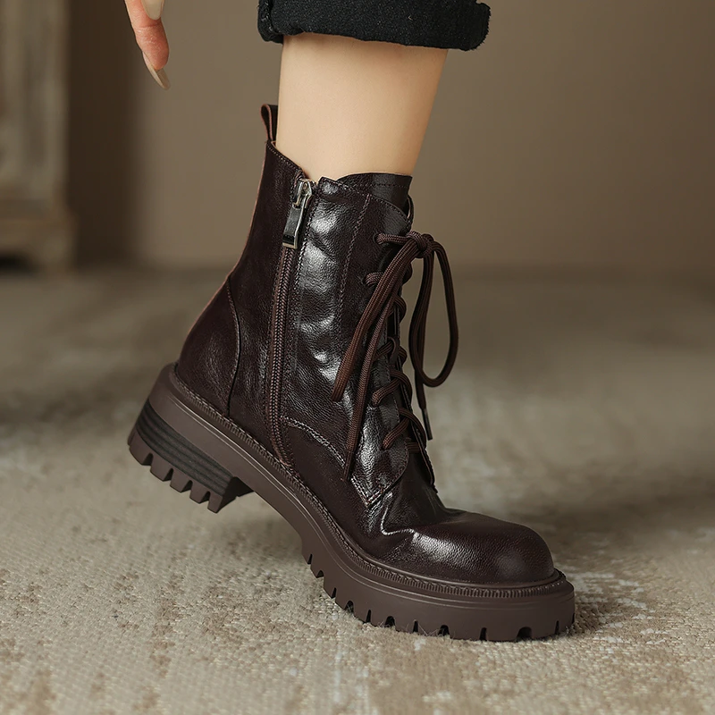 4.5cm羊皮圆头粗跟马丁靴女秋冬百搭时尚溯源好物瘦瘦靴短筒靴子