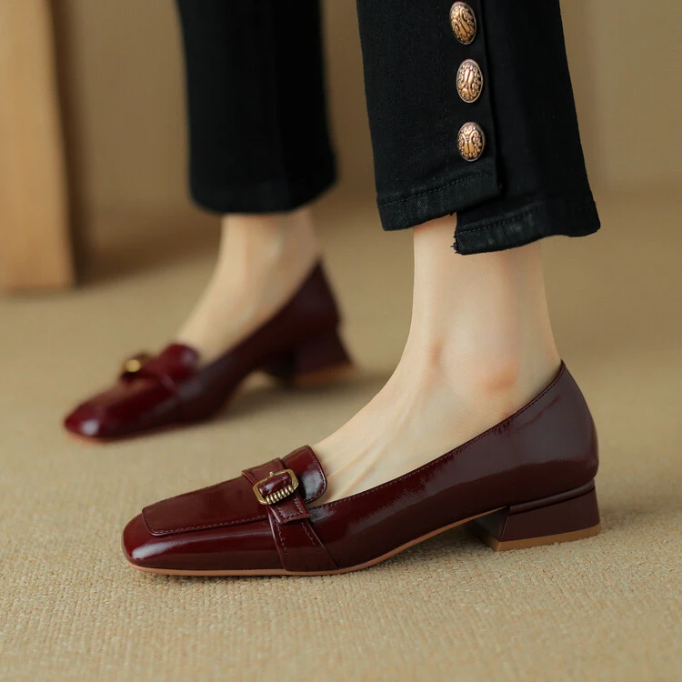 3cm牛皮简约百搭粗跟红色乐福鞋春季真皮时尚方头中跟鞋复古单鞋
