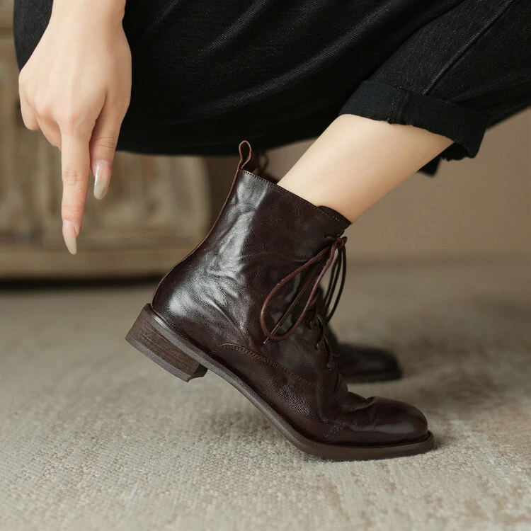 3cm羊皮时尚百搭系带马丁靴英伦复古圆头侧拉链短靴舒适休闲短靴