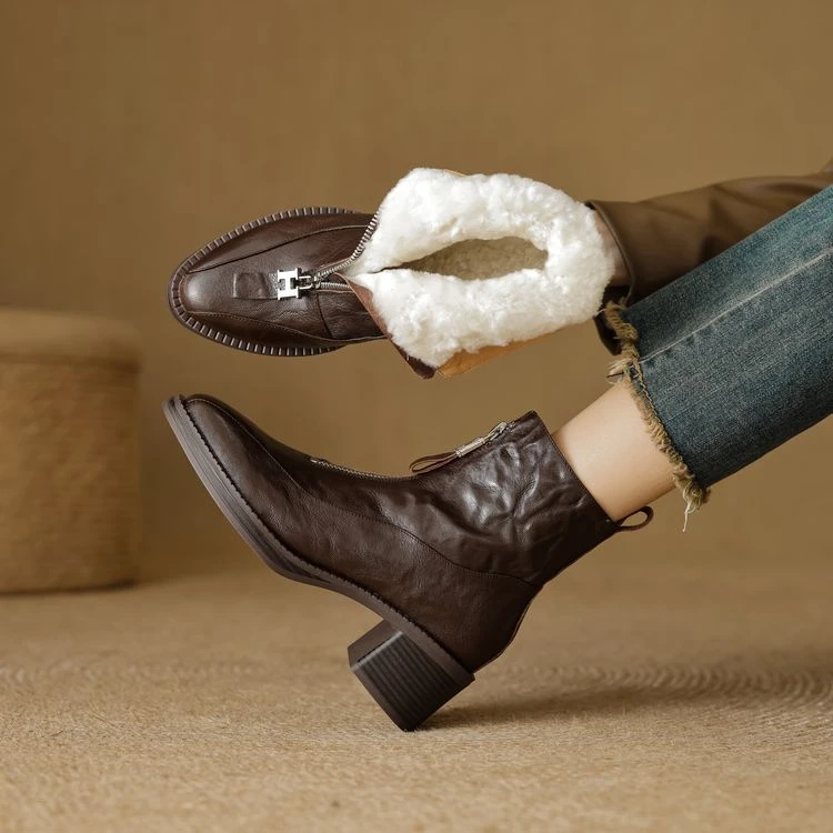 5.5cm 通勤休闲舒适保暖百搭粗跟短靴冬季英伦风复古时尚圆头短靴