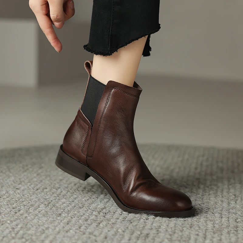 3CM超软头层水洗牛皮圆头粗跟切尔西短靴女英伦风一脚蹬瘦瘦靴子