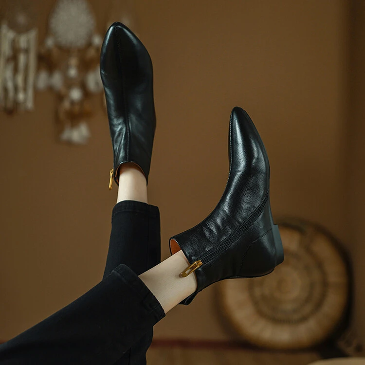 1.5cm羊皮复古百搭侧拉链短靴秋冬保暖百搭平底短靴舒适休闲短靴