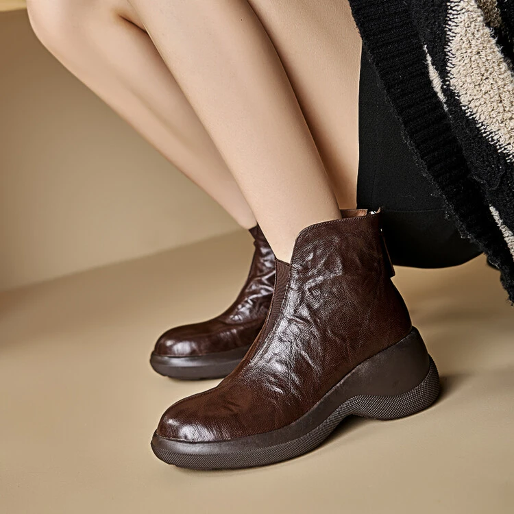 6.5cm 英伦风百搭舒适厚底棕色短靴秋冬季复古时尚圆头休闲瘦瘦靴