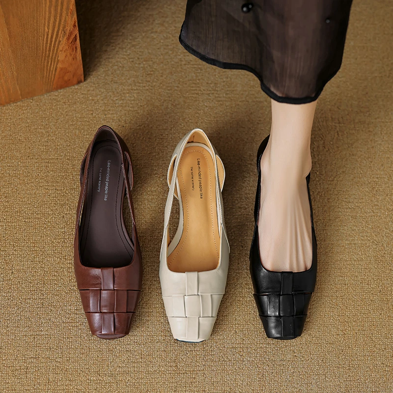 3CM头层牛皮夏季粗跟软底鱼嘴凉鞋女中跟镂空编织透气单鞋四季鞋