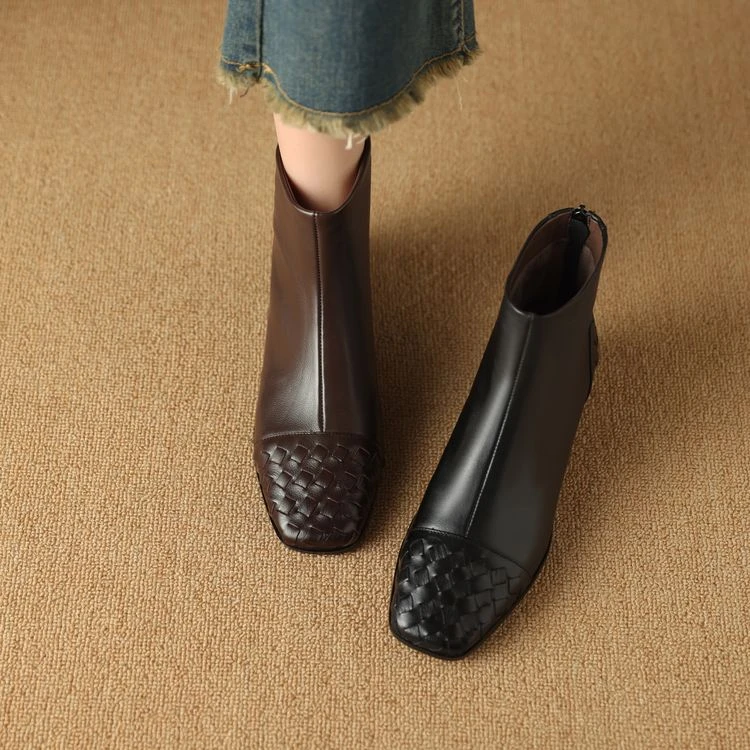 3cm 英伦风复古百搭粗跟短靴秋冬通勤休闲时尚方头舒适软底短筒靴