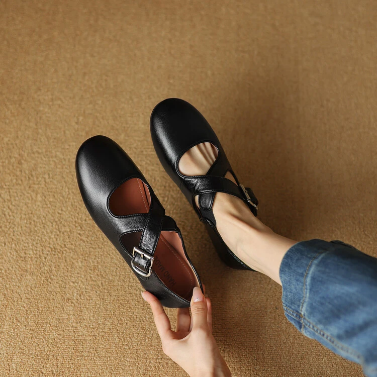 1cm 羊皮法式小众设计感百搭浅口玛丽珍单鞋秋季韩版简约时尚单鞋