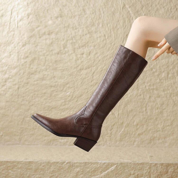 牛皮5cm不过膝长靴子女秋冬高跟粗跟瘦瘦靴黑色复古尖头骑士靴