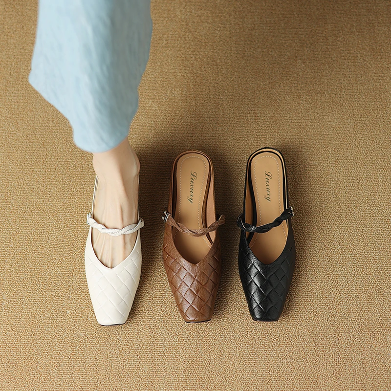 2CM头层羊皮方头粗跟平底半拖凉鞋女白色包头后空不掉跟穆勒凉拖