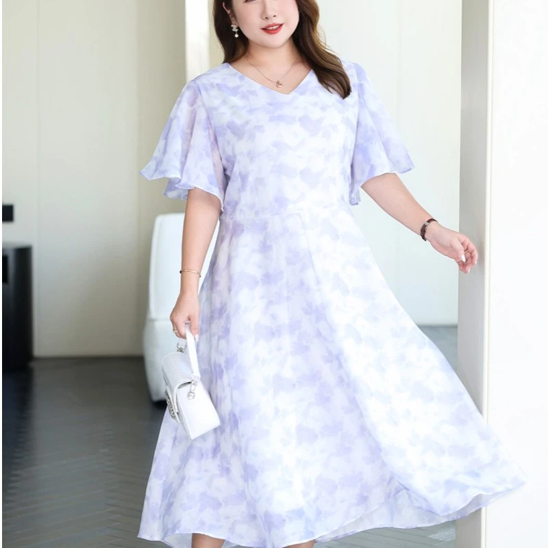 0550紫色特大码连衣裙女胖MM夏季300斤胖妹妹中长款碎花裙v领长裙