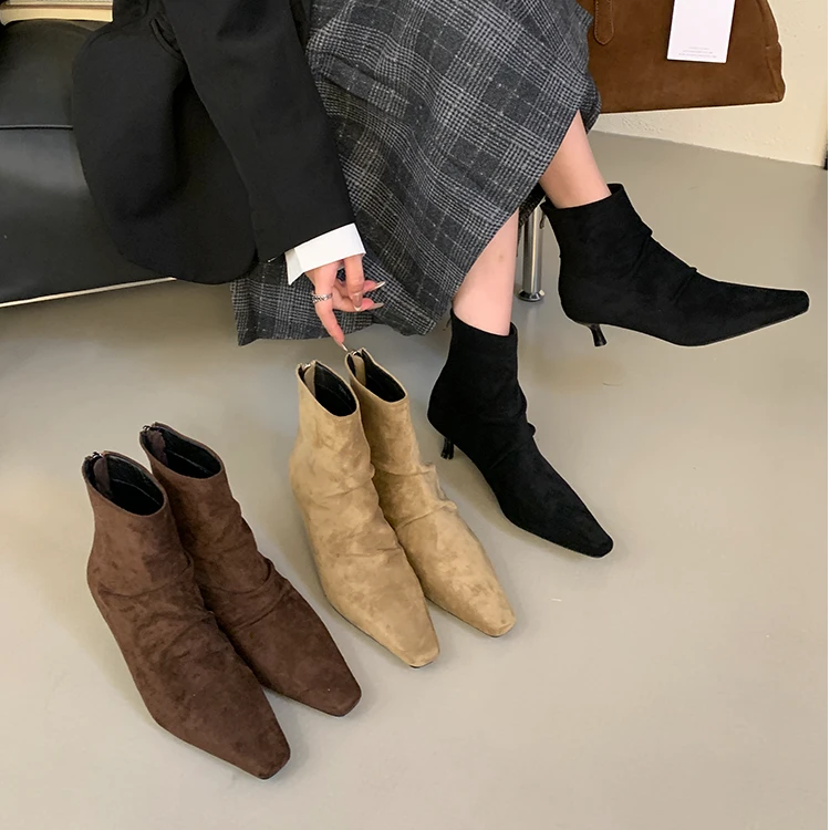 秋冬尖头时装靴细中跟后拉链短靴女韩版简约小踝靴气质绒面单靴子