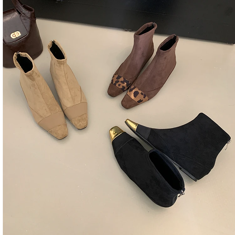 方头豹纹拼接内增高短靴女2025秋冬新款韩版复古风后拉链瘦瘦靴女