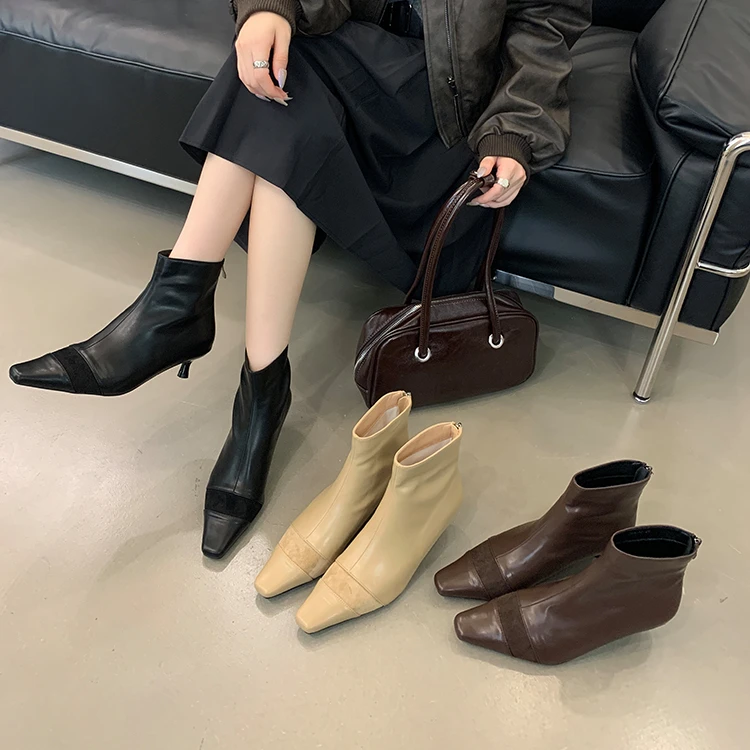 高跟尖头法式气质小裸靴女鞋2025秋冬季加绒细跟瘦瘦小香风短靴子
