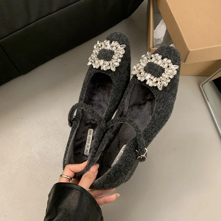 小香风绒面水钻单鞋方头毛毛玛丽珍鞋女秋冬季加绒棉鞋中跟瓢鞋女