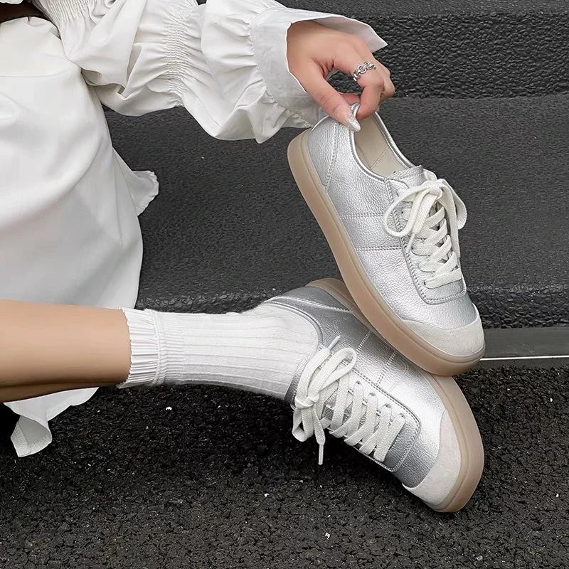 复古日系系带拼接厚底休闲运动鞋女板鞋小白鞋透气轻便德训鞋