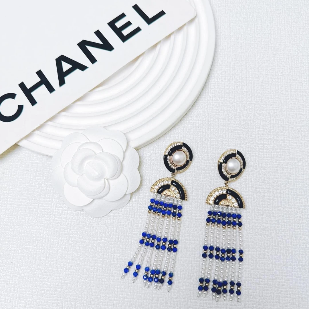 95新 Chanel/香奈儿 柚礼中古/香奈儿蓝白流苏珍珠耳钉NC411038