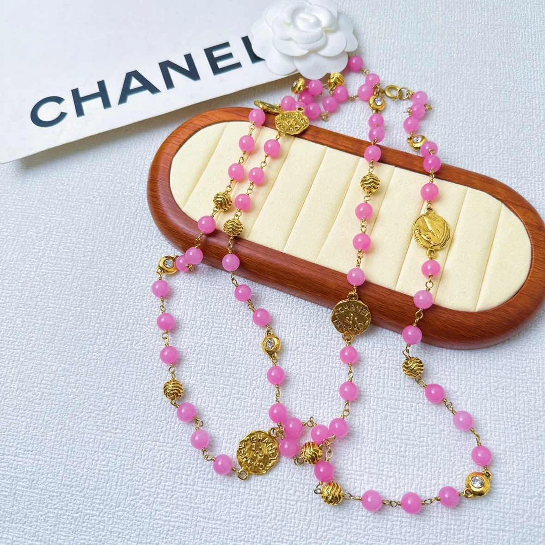 95新 Chanel/香奈儿 柚礼中古/香奈儿粉色琉璃金币项链LZ410392