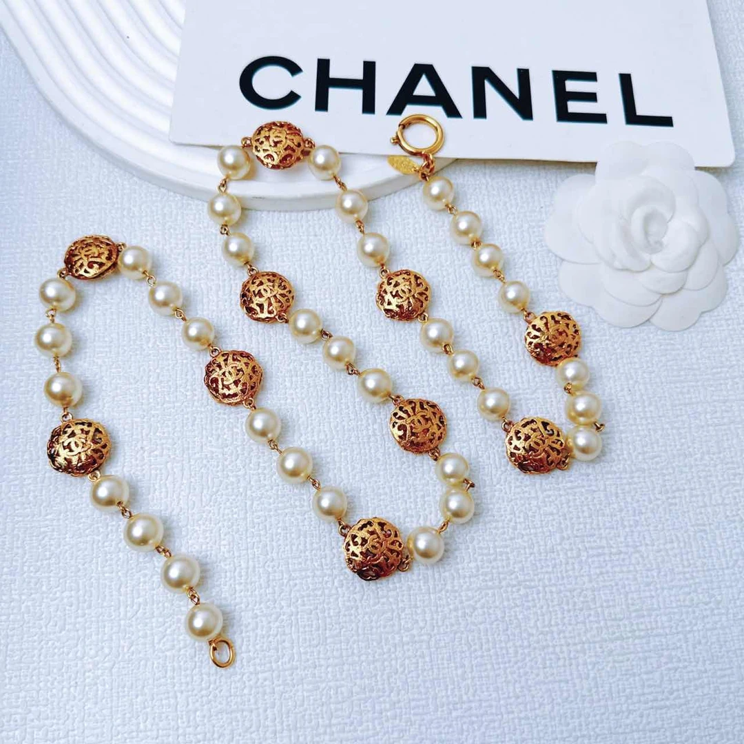 95新 Chanel/香奈儿 柚礼中古/香奈儿素金雕花珍珠项链LZ410593