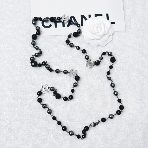95新 Chanel/香奈儿 柚礼中古/香奈儿黑灰双C串珠项链lz505248