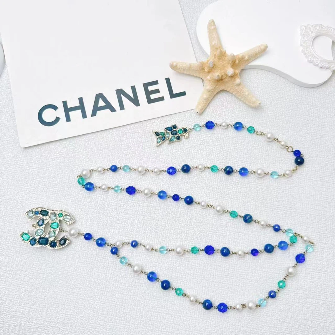95新 Chanel/香奈儿 柚礼中古/香奈儿蓝琉璃珍珠老鹰腰链lz503210