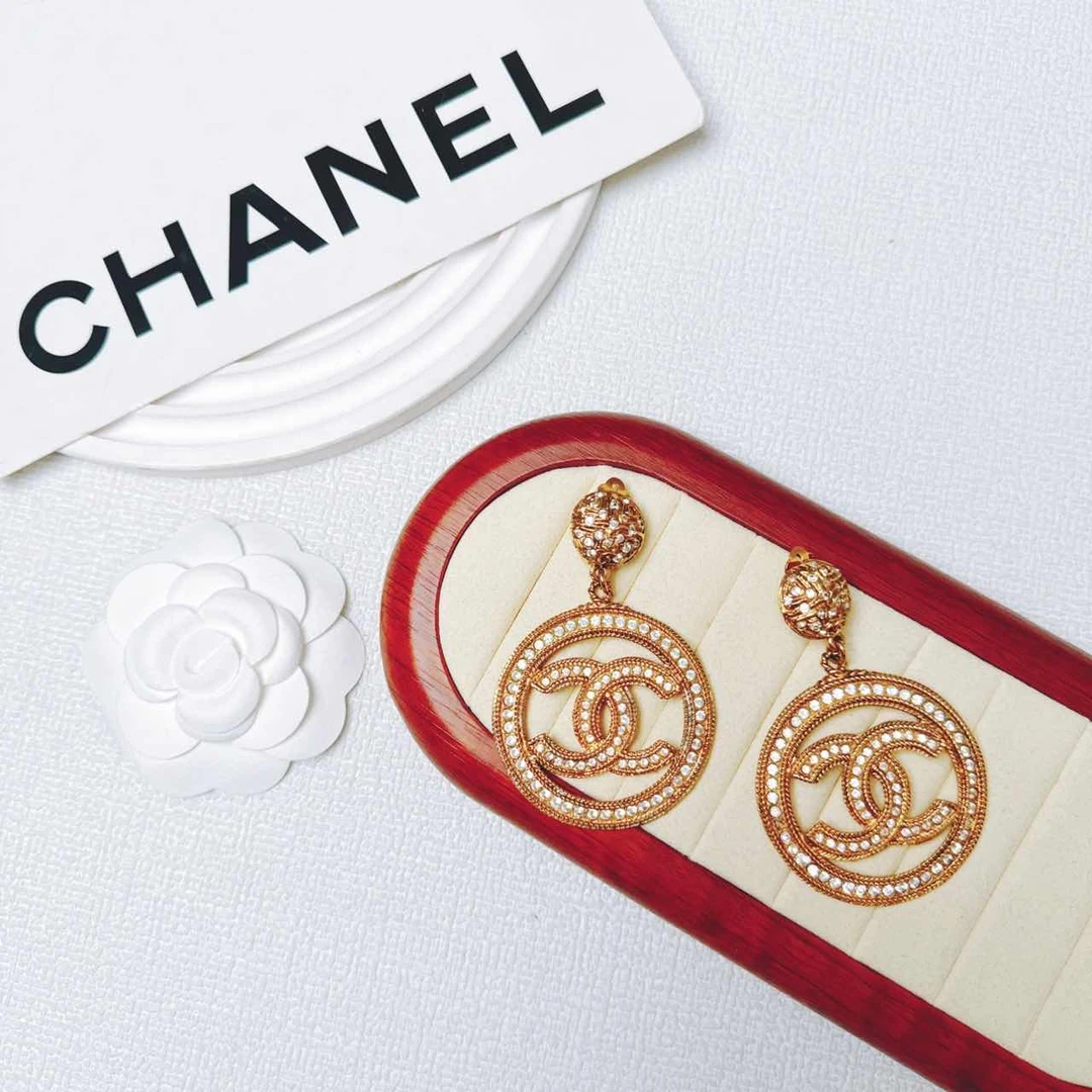 95新 Chanel/香奈儿 柚礼中古/香奈儿素金莱茵石大圈耳钉NXP