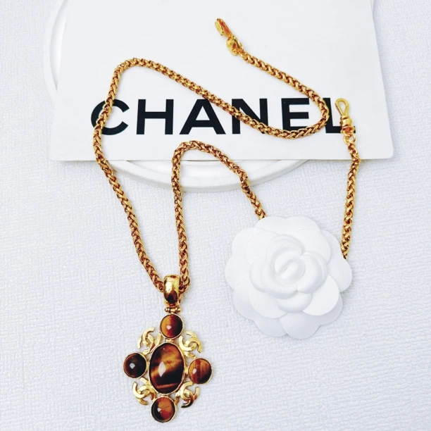95新 Chanel/香奈儿 柚礼中古/香奈儿焦糖琉璃双C项链LZ409609