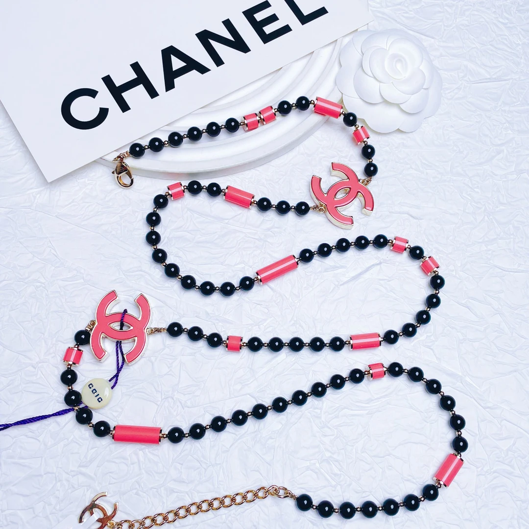 95新 Chanel/香奈儿 柚礼中古/香奈儿粉圆柱双C黑项链lz412036