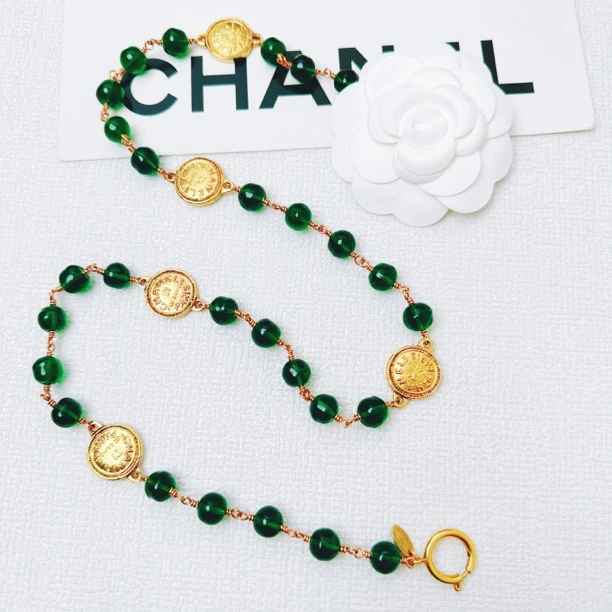 95新 Chanel/香奈儿 柚礼中古/香奈儿金币绿琉璃项链CQ407048