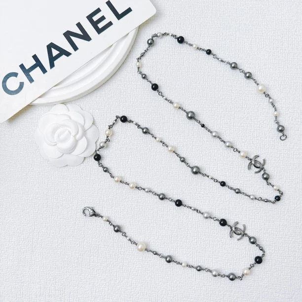 95新 Chanel/香奈儿 柚礼中古/香奈儿灰白珍珠双C项链lz410293