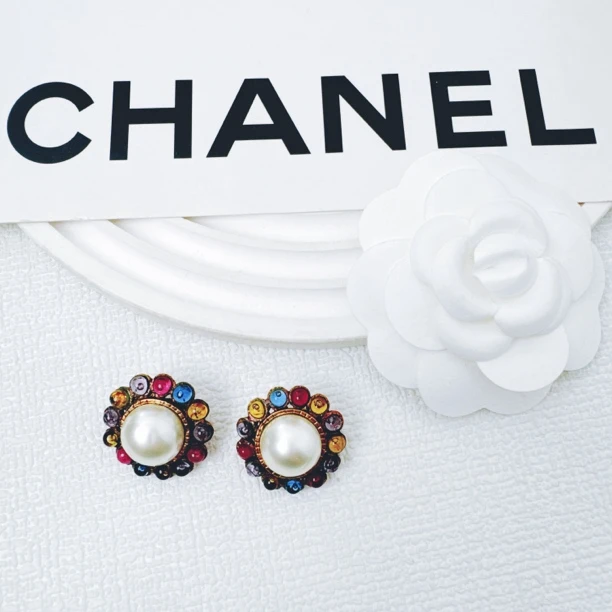 95新 Chanel/香奈儿 柚礼中古/香奈儿三色琉璃珍珠耳夹LZ406794