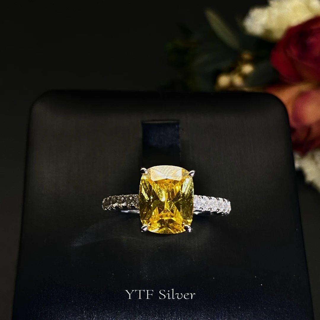 925银戒指 【YTF.柠檬冰糖】轻奢大气黄钻方糖冰花切时尚气质款戒指