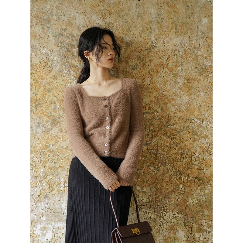 【清仓】毛绒绒方领针织长袖外穿上衣毛衣开衫2022新款女