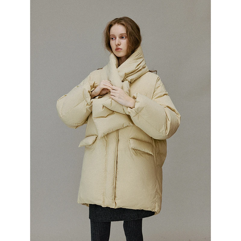 popchrio◆围巾保暖羽绒服设计感90白鸭绒小个子短款面包服外套女
