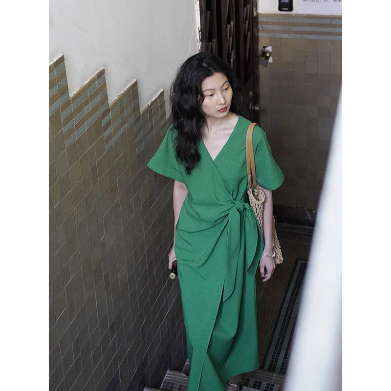 popchrio◆设计感法式气质收腰交叉系带连衣裙显瘦时尚长裙子女夏