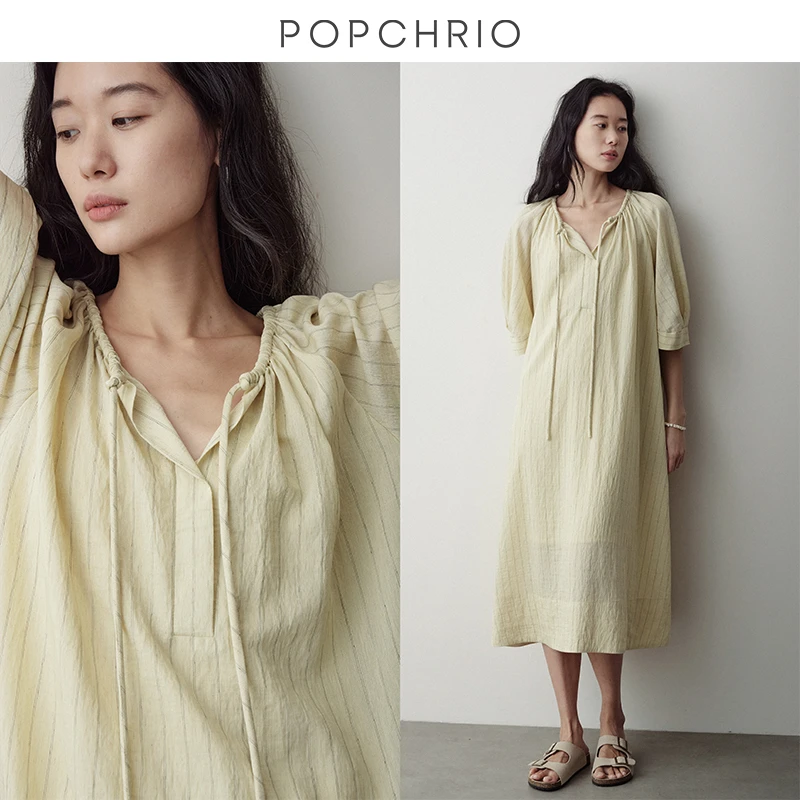 欧可芮◆复古风V领系带半中泡泡袖连衣裙海边度假风叠穿长裙女夏