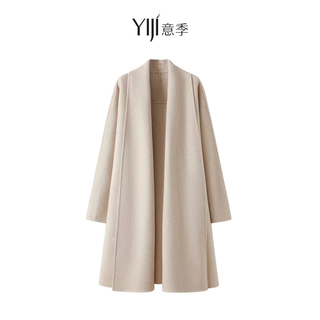 【意季YIJI】羊驼毛浴袍款羊毛大衣V领气质女系带收腰中长款秋冬