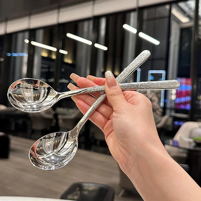 复古式锤点勺子不锈钢锤纹勺家用加厚餐勺儿童吃饭勺高颜值甜品勺