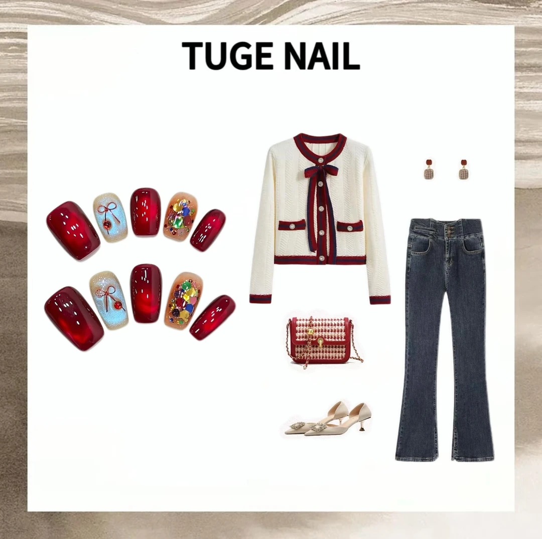 TugeNail“幸运降临”宝石鸽血红+蓝眼泪猫眼 显白过年红穿戴甲TGXX