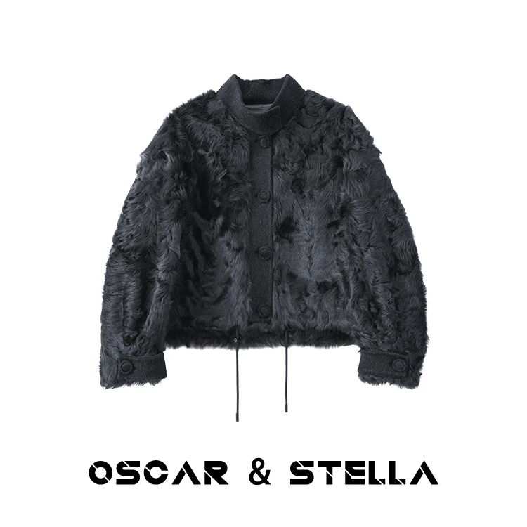 O&S卢漂亮【小湖羊皮毛一体】秋冬羊羔毛拼桑蚕丝立领外套41 8812