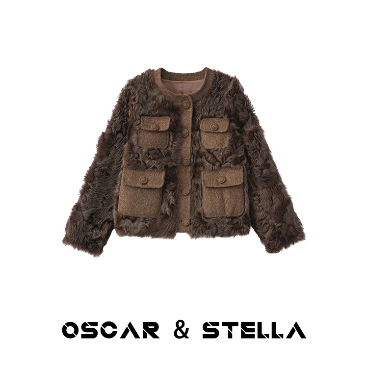 O&S卢漂亮【小湖羊皮毛一体】秋冬羊羔毛拼桑蚕丝圆领外套 3 8776