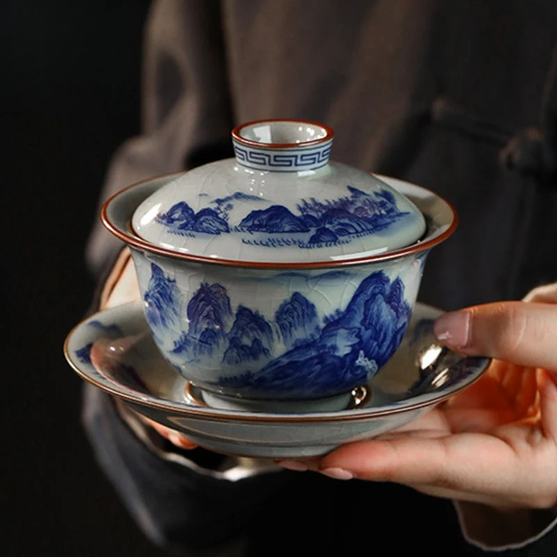 景德镇山水千里江山陶瓷盖碗套装手工三才茶碗茶杯子单个防烫