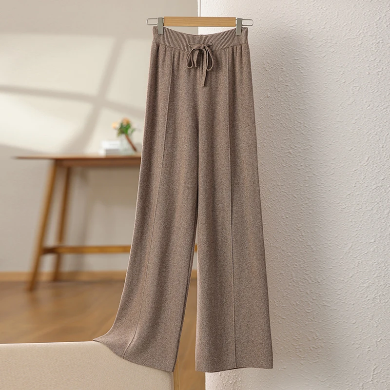 秋冬新款针织100%羊绒裤女宽松高腰阔腿裤休闲直筒裤羊毛百搭长裤