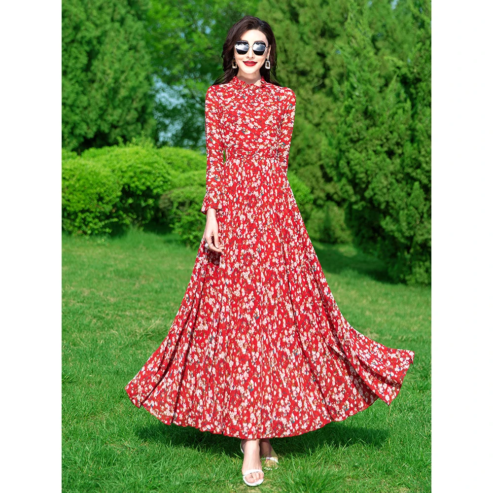 长袖碎花连衣裙女2024夏季雪纺大摆高级感长款气质显瘦长裙到脚踝