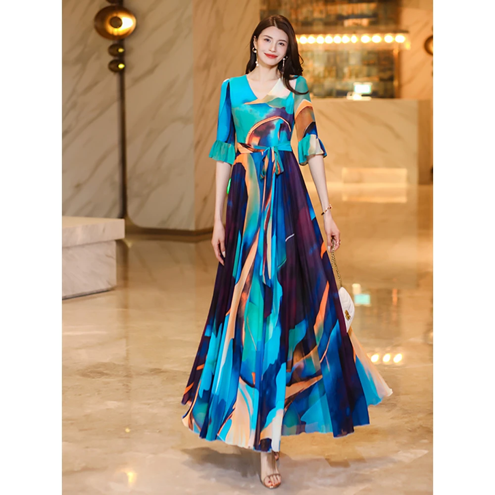2024新款长款雪纺连衣裙五分袖高级感气质显瘦法式礼服长裙女夏