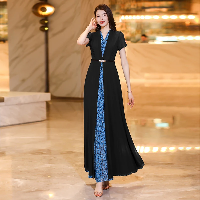 女装显瘦黑色连衣裙名媛新款爆款小个子高端轻奢长款夏天妈妈真丝