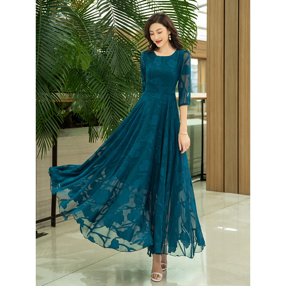 蓝色长款提花连衣裙女2024新款雪纺圆领中袖到脚踝超长显瘦大摆裙