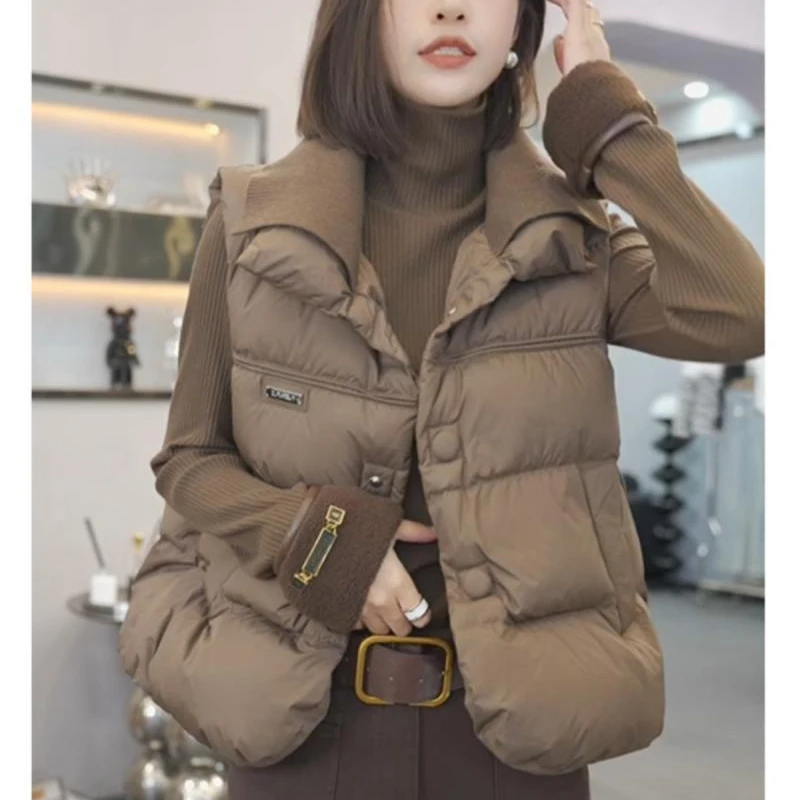 美拉德时尚棉衣马甲女秋冬新款保暖翻领外套无袖坎肩开衫马夹