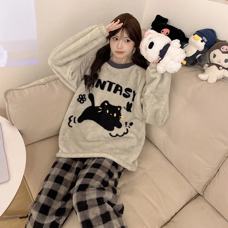 运补『小黑猫』圆领套头秋冬季绒款睡衣少女保暖加厚舒适甜美家居服