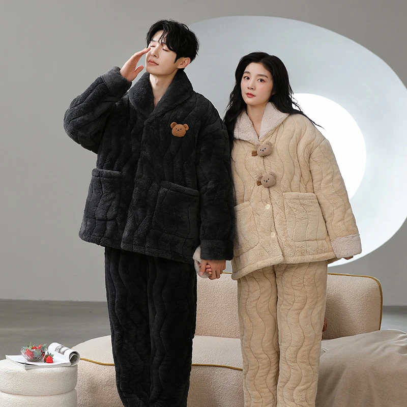 运补『情侣小熊』夹棉省服睡衣男士冬季冬天加绒加厚保暖少女家居服